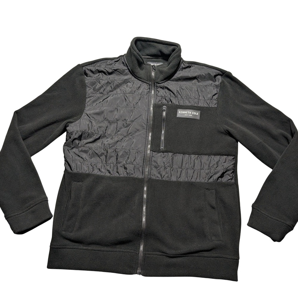 Kenneth Cole New York Men Large Black Full Zip Fleece Quilted Mixed Media Jacket